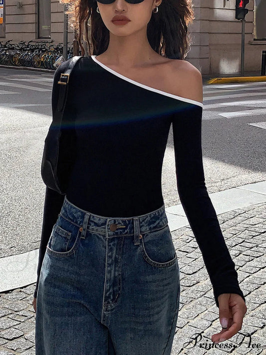Contrast Trim Off Trendy Shoulder Long Sleeve Shirt T-Shirts