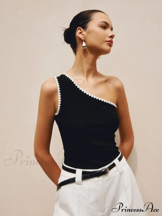 Contrast Trim One Trendy Shoulder Off Tank Top Black / Xs Tops & Camis