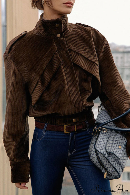 Corduroy Biker Style Elegant Casual Coat Brown / S