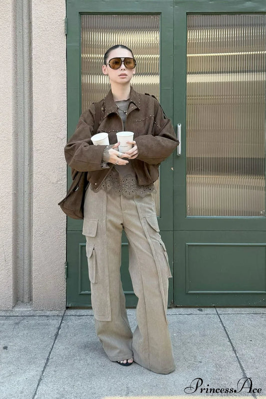 Corduroy Paneled Double Pocket Cargo Pants Khaki / S