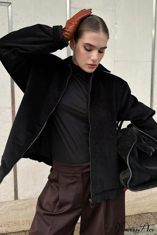 Corduroy Retro Collared Jacket Coat Black / S