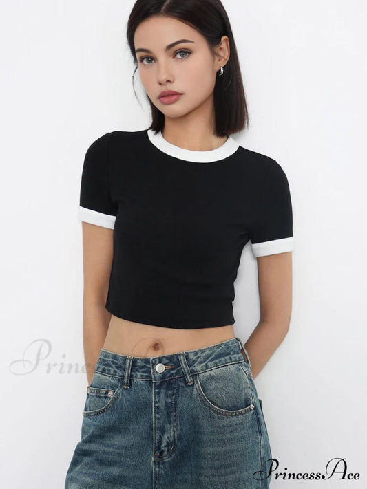 Cotton Contrast Graceful Trim Cropped Top Black / S T-Shirts