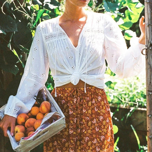 Cotton Floral Embroidery White Lace V-Neck Boho Blouse bohoblouse-250126