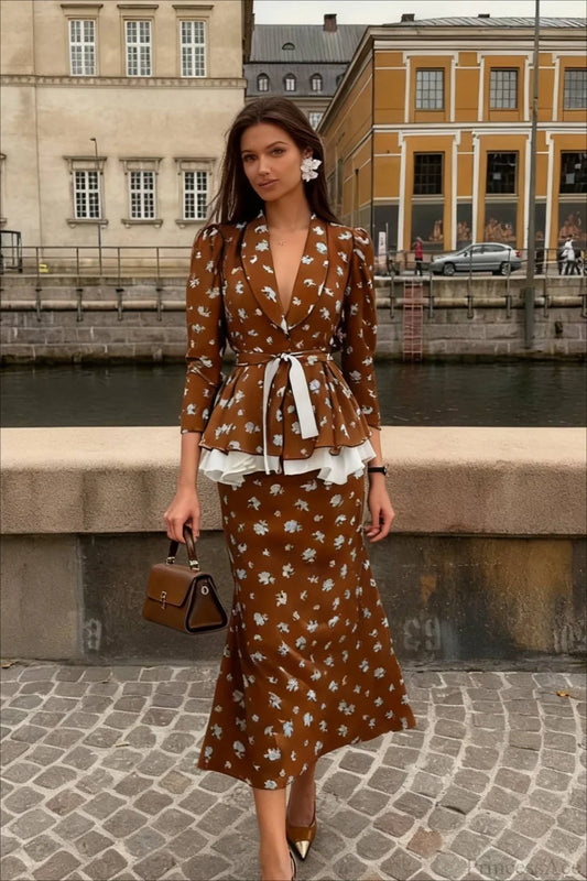 Cotton Linen Deep V Mermaid Dress Two Piece Set Brown / S