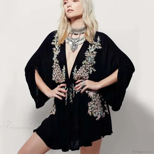 Cotton Rayon Purple Floral Embroidery Boho Dress Black / S bohodress-250126