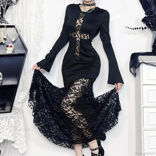 Covered Cross Empty Lace Full Dress Black / S