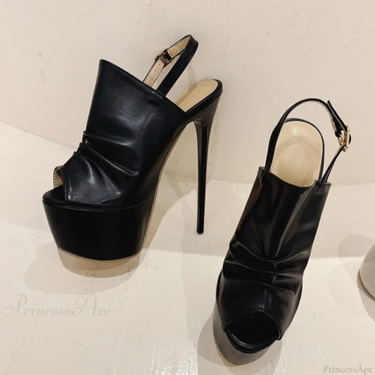 Cozy Pleated Leather Super-High Platform Nightclub Party Peep-Toe Black Sexy High Heel