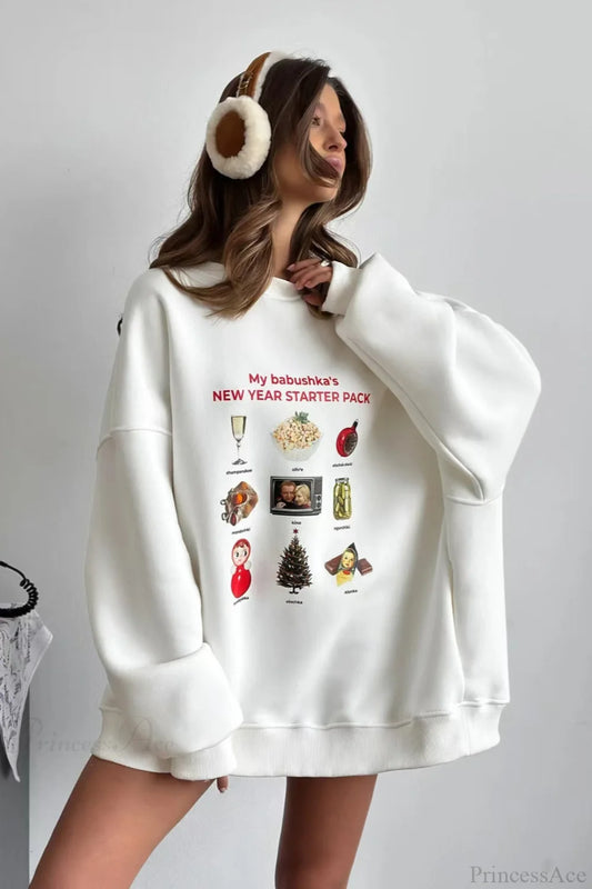 Crew Neck Cartoon Print Fleece Lined Sweatshirts