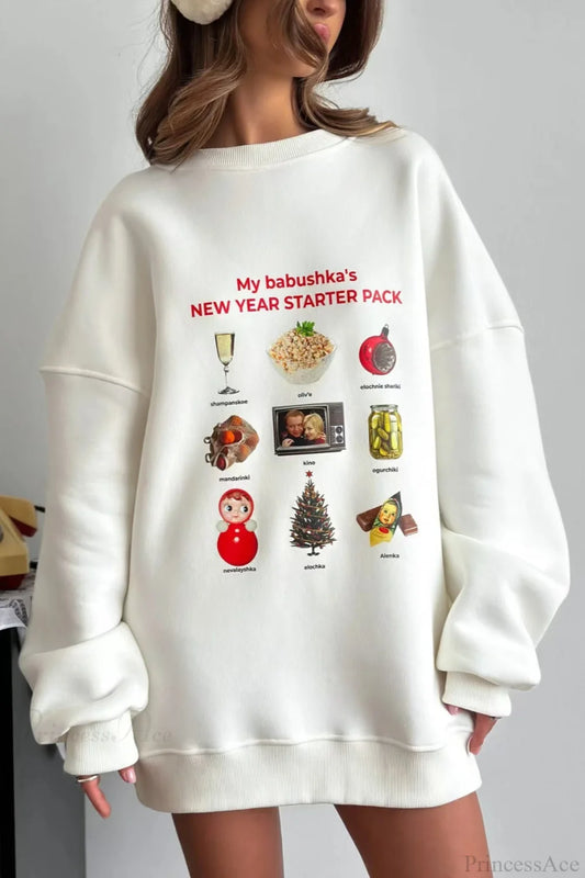 Crew Neck Cartoon Print Fleece Lined Sweatshirts White / M