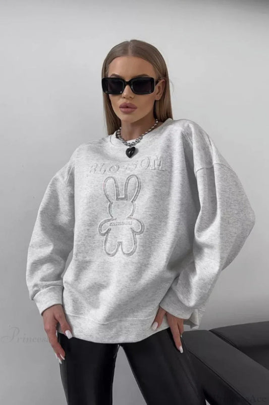 Crew Neck Chic Oversized Embossed Rabbit Sweatshirt