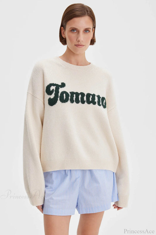 Crew Neck Letter Jacquard Loose Knit Sweater White / S