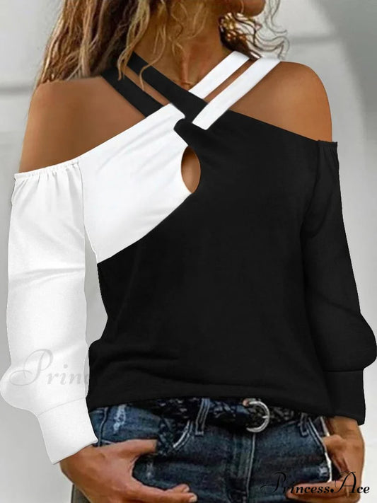 Crisscross Long Colorblock Top Arm Shoulder Patchwork Blouse Women’s Cold Clothing