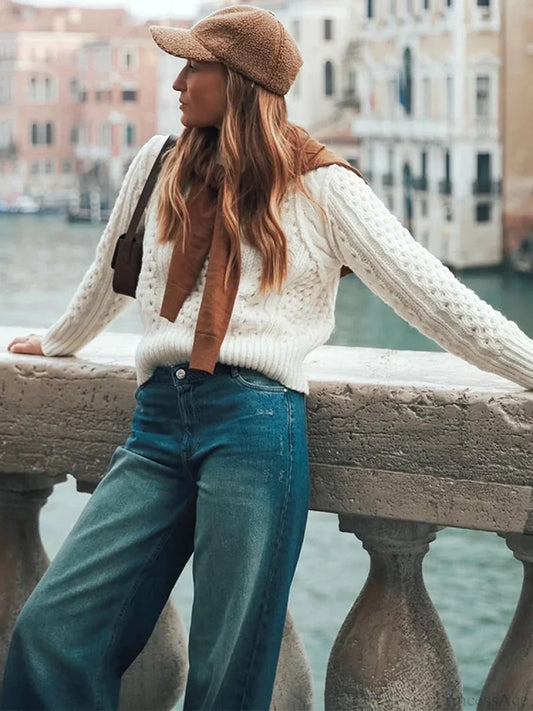 Crochet Round Neck Long Sleeve Sweater Apricot / S