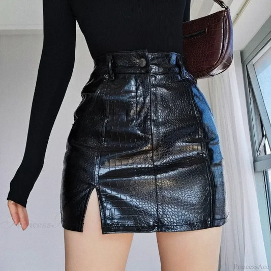 Crocodile Pattern High Waist Skirt Black / XS