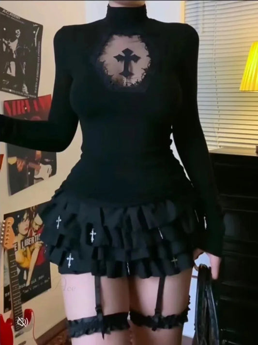 Cross High-neck Knit Top Black / S