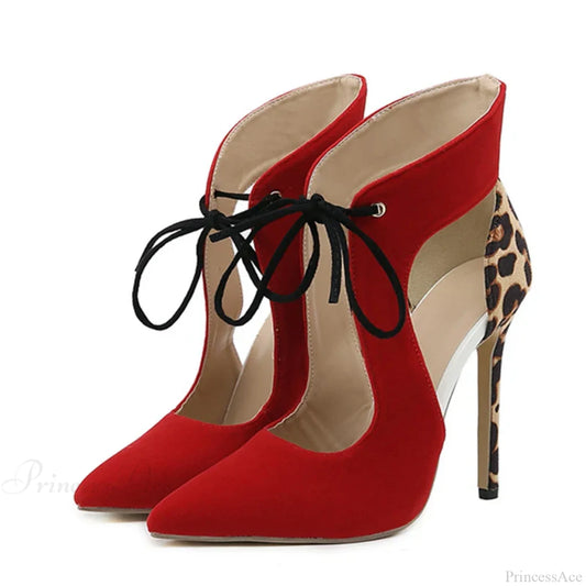 Cross-Tied Sexy Pointed-Toe Leopard-Print Wedding High Heels Stilettofashionable Stripper Heel Red