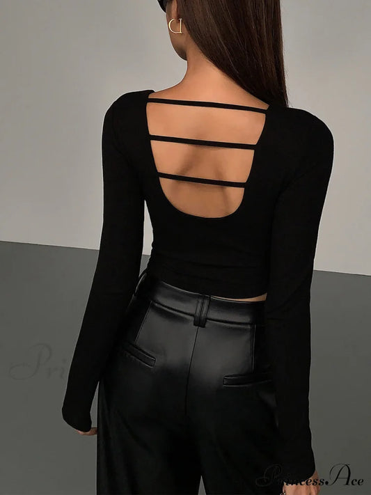 Cut Out Open Back Modern Long Sleeve Crop Top T-Shirts