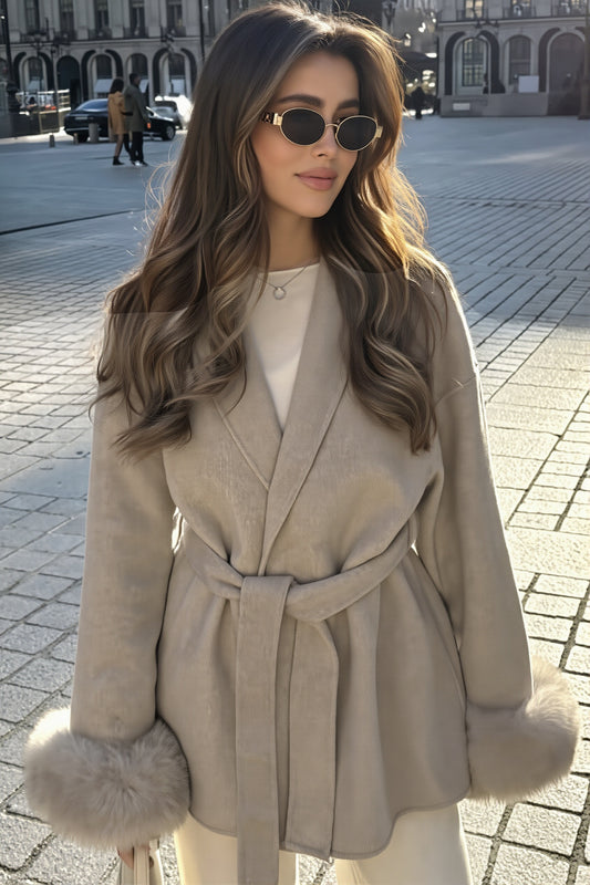 Fur Cuff Belted Wrap Coat