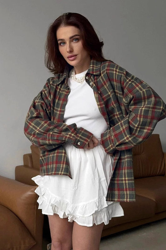 American Style Plaid Mid-Length Blouse