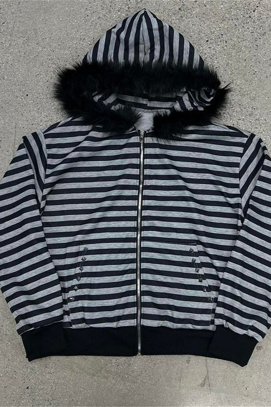 Faux Fur Trim Striped Zip Hoodie