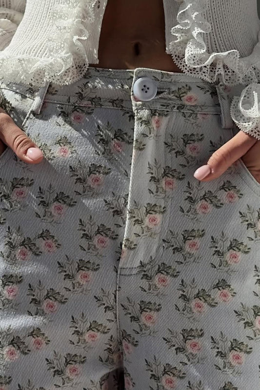 Vintage Light Floral High-Waist Wide-Leg Jeans