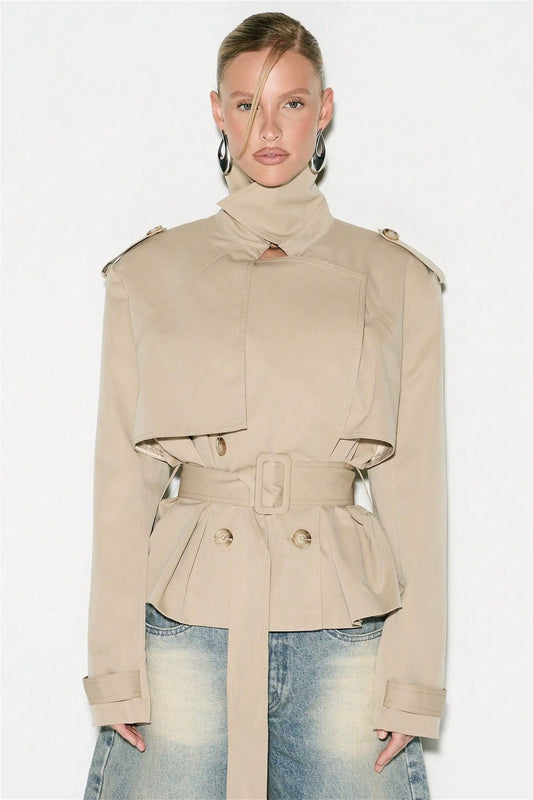 Cape Overlay Belted Short Trench Coat