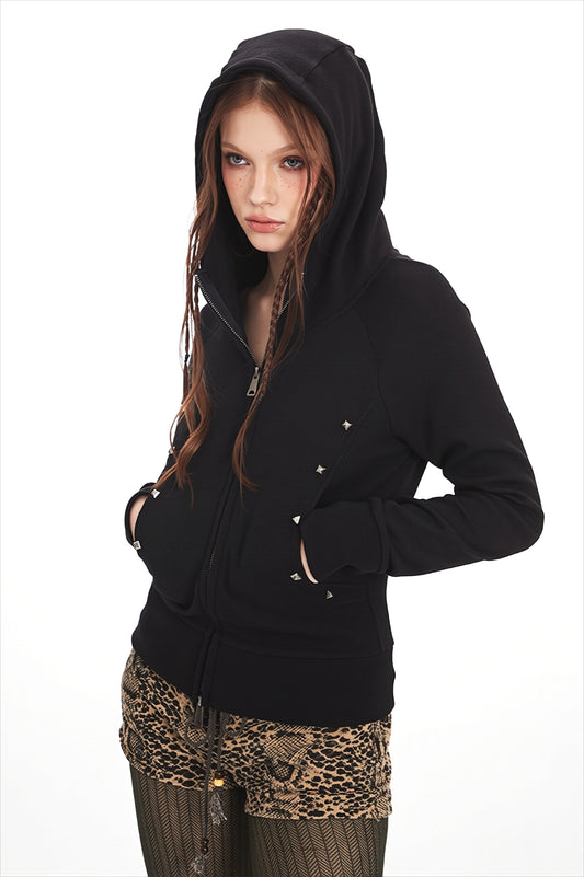Rhinestone Detail Fitted Zip Up Hoodie