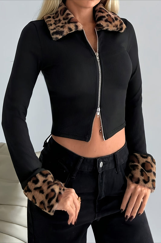Manteau en tricot à double fermeture éclair et col en fourrure à imprimé léopard