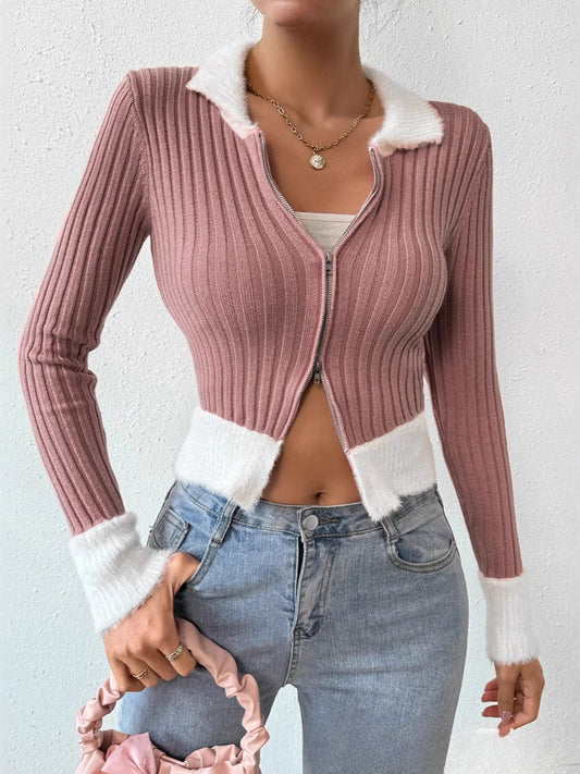 Cardigan ajusté en tricot zippé sur le devant