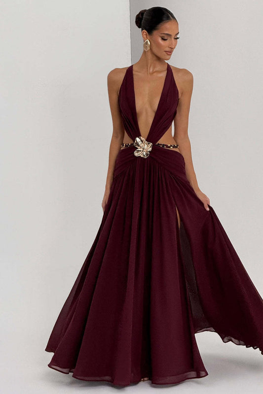 Halter Deep V Tie Backless High Slit Maxi Dress