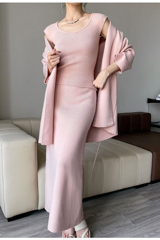 Ribbed High-End Knit Cardigan Tank Wide-Leg Pants Three Piece Set