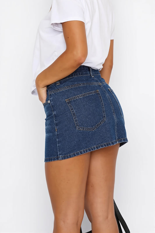 Washed Denim A Line Mini Skirt