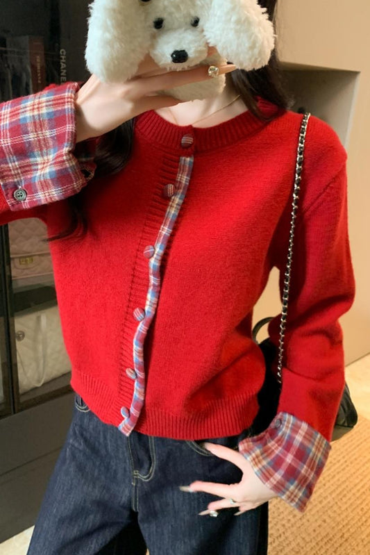 Red Plaid Contrast Round Neck Cardigan