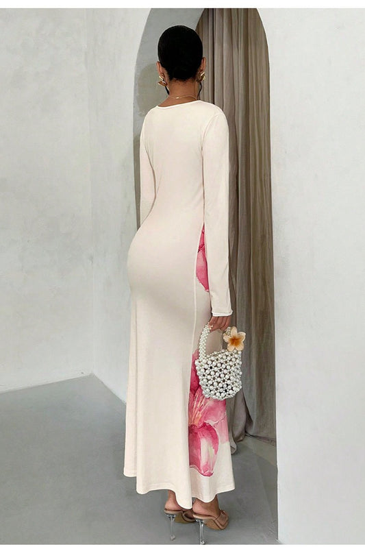 Robe longue moulante à manches longues et imprimé floral chic