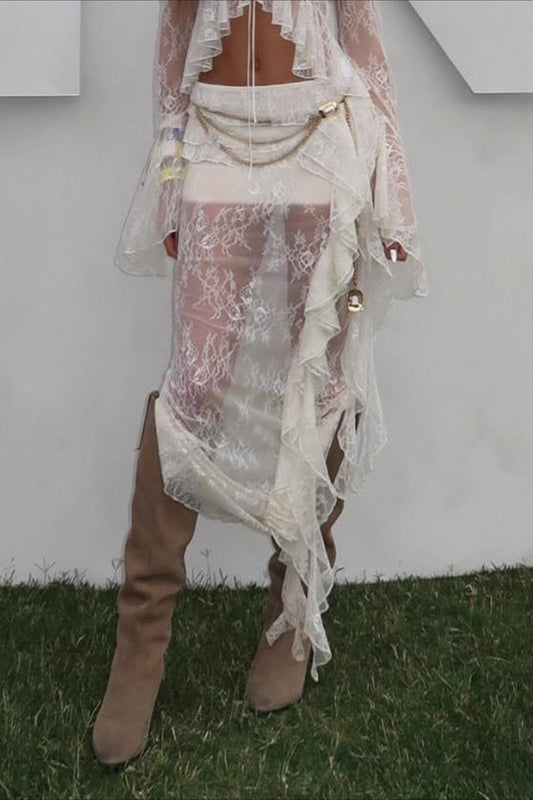 Jupe asymétrique en dentelle à volants