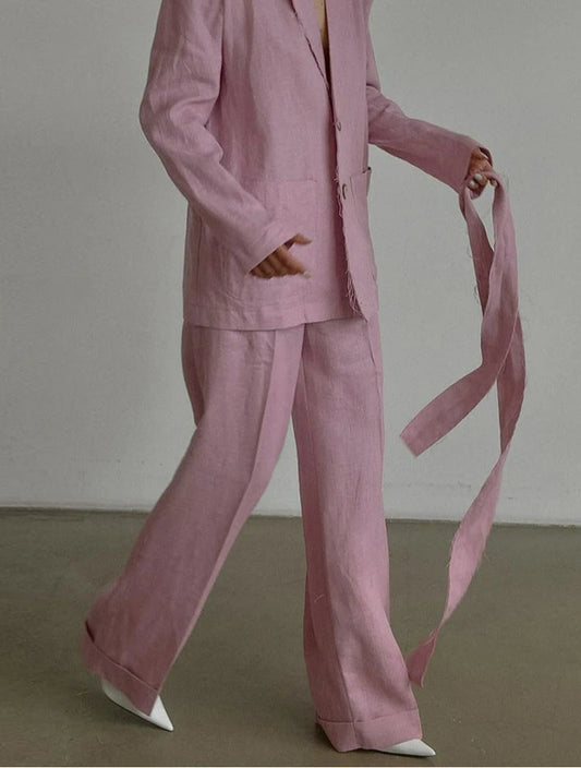 Ensemble deux pièces de bureau avec pantalon large à lacets en coton rose