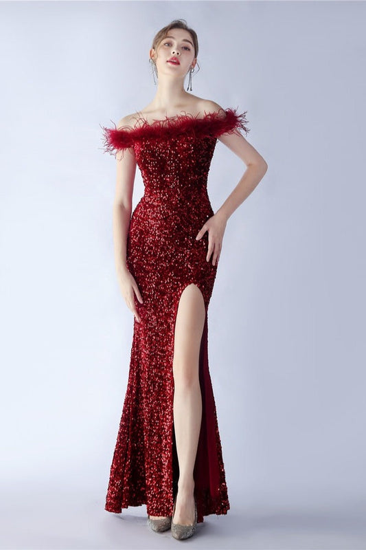 Velvet Sequin Ostrich Feather Off Shoulder Formal Dress