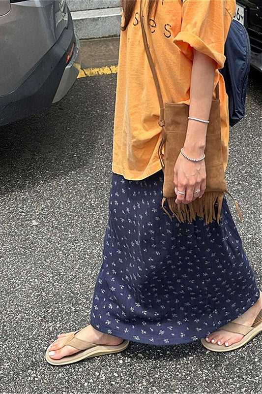 Jupe décontractée bleu marine à imprimé floral et cordon de serrage