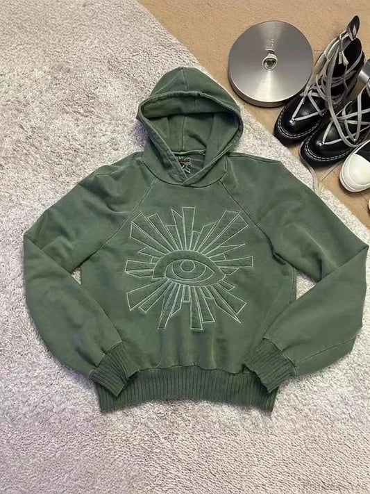 Dark Eye Print Pullover Hoodie green / S