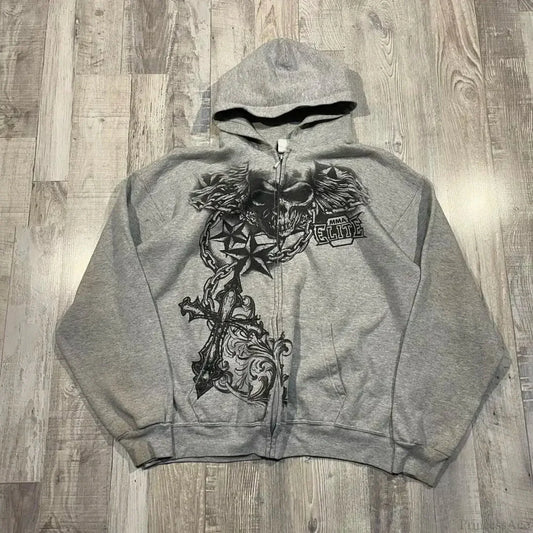 Dark Skull Print Rebel Hoodie fray / S