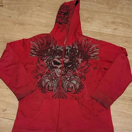 Dark Skull Print Zip Hoodie red / S
