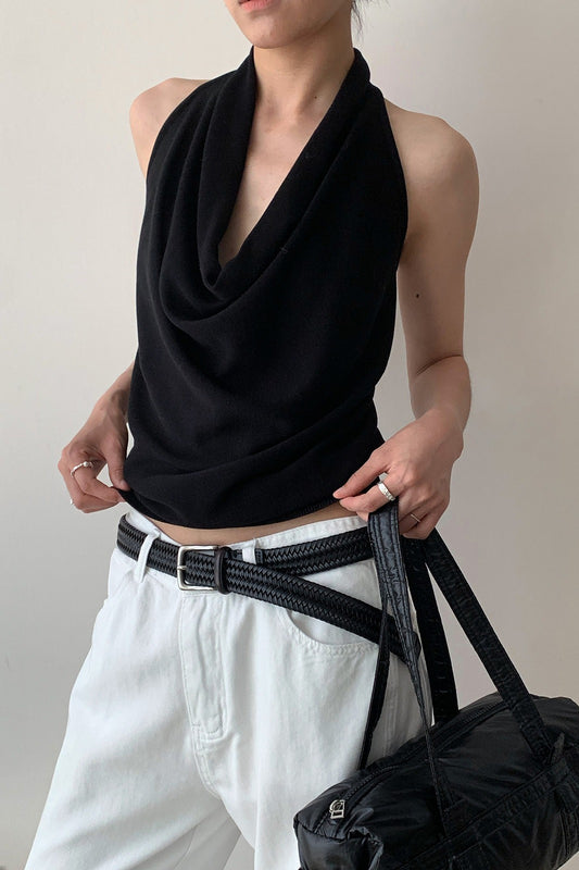 Elegant Solid Draped Neck Halter Top