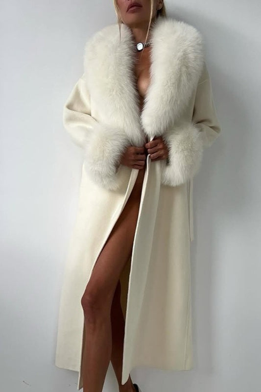 Wool Blend Fur Collar Elegant Solid Loose Overcoat