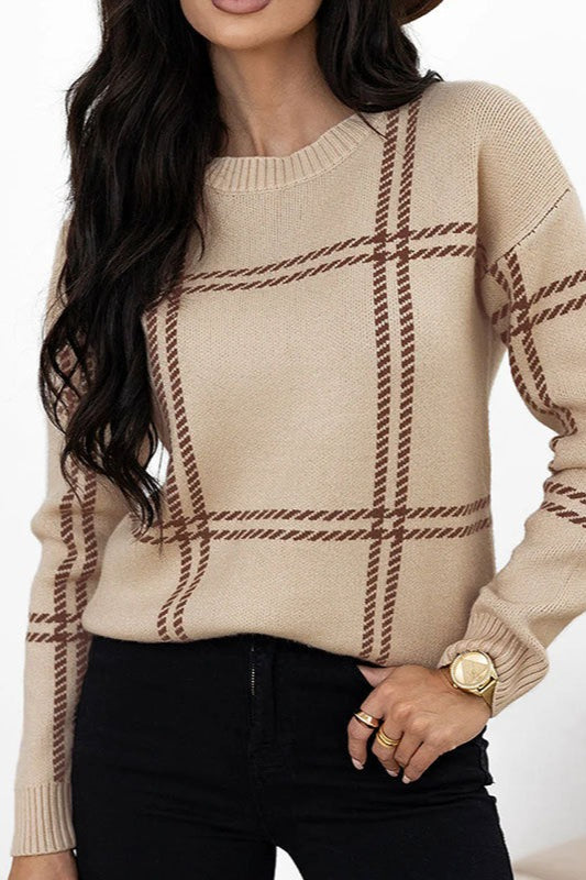 Plaid Crew Neck Relaxed Sweater