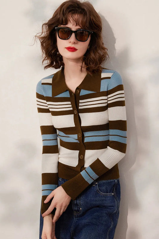Striped Knit Turn down Collar Cardigan Brown / S