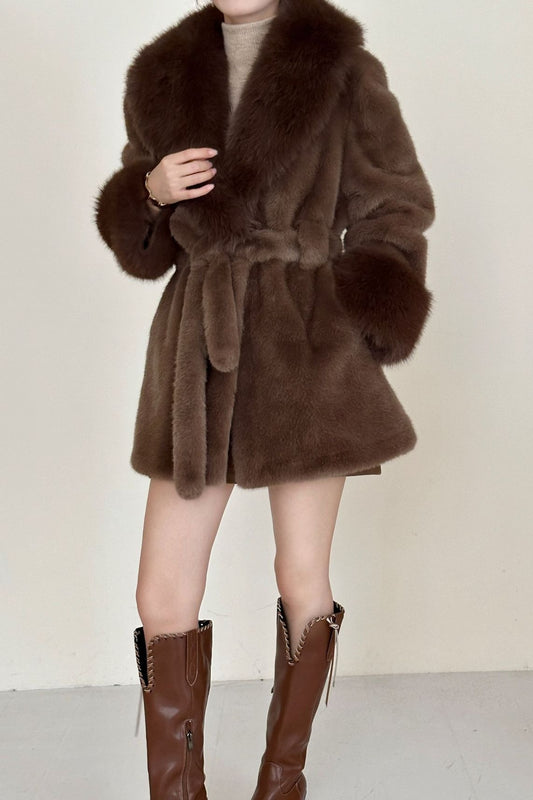 Faux Animal Fur Suede Mid-Length Notch Collar Tie Waist Coat