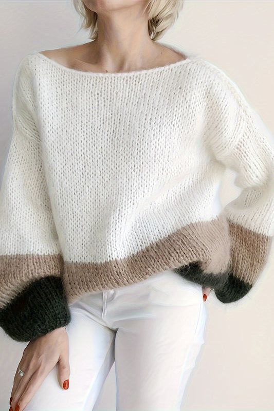 Soft Colorblock Crew Neck Puffy Knit Elegant Sweater