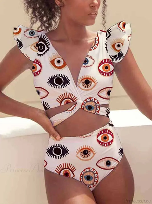 Deep V Eyes Print Chest Strap One Piece WHITE / S onepiece-250223