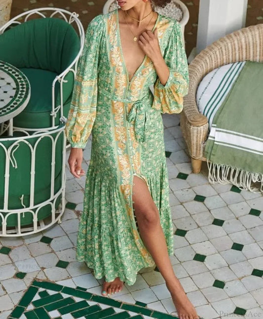 Deep V-neck Floral Long Sleeve Cotton Boho Dress Green / S bohodress-250126