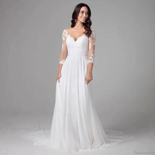 Deep V-Neck Long Sleeve Evening Wedding Dress lvory white / 2 weddingdress-250223